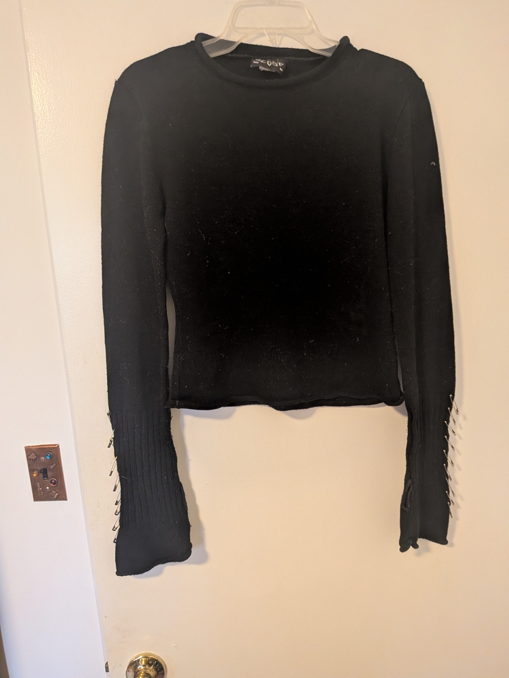 Blest Black Ribbed Knit Sweater Safety Pin Sleeve Detail Cropped Fit